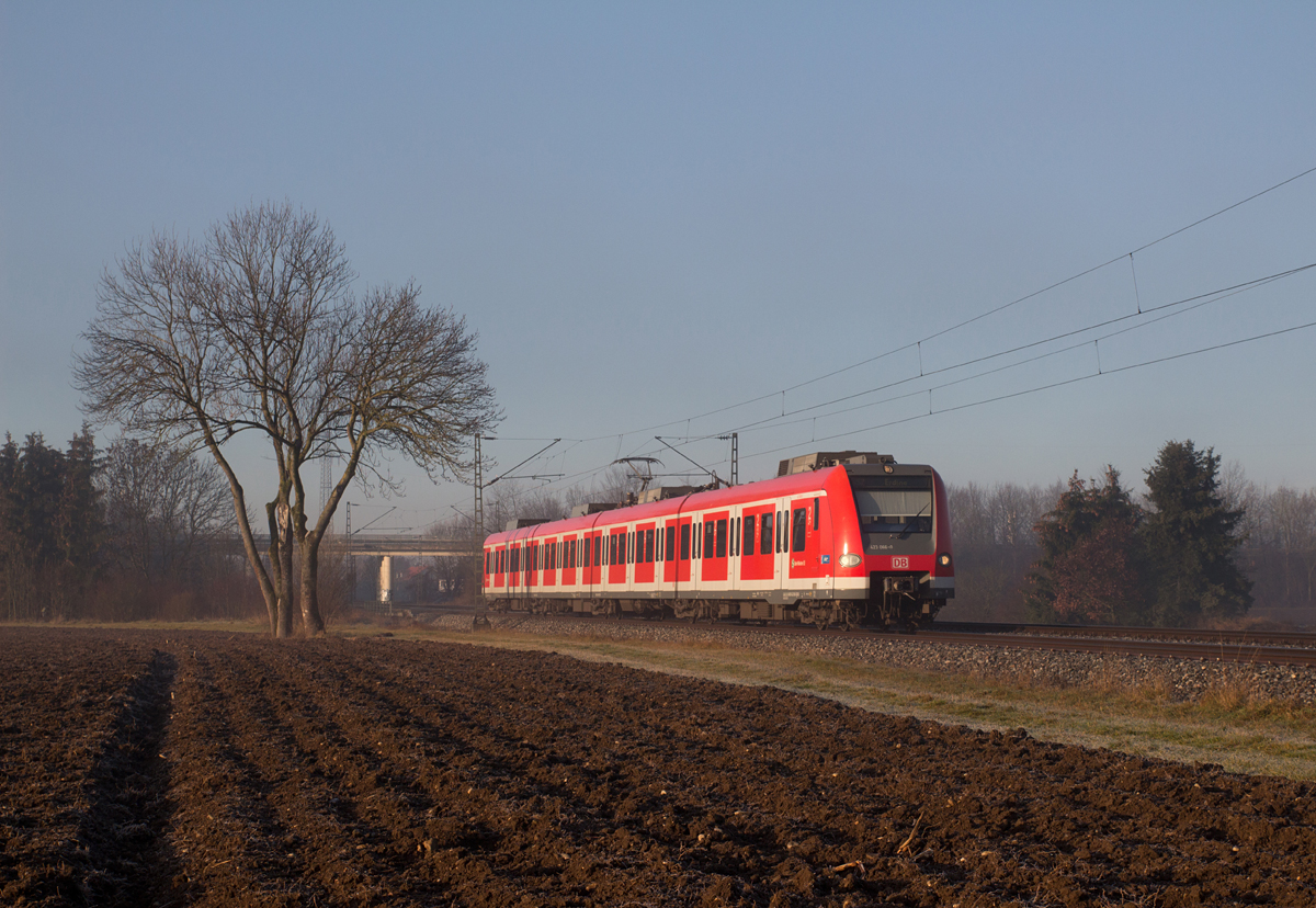 Morgennebel lag noch über den Felder zwischen Heimstetten und Grub, als 423 066-0 als S2 nach Erding unterwegs war. (20.12.15)