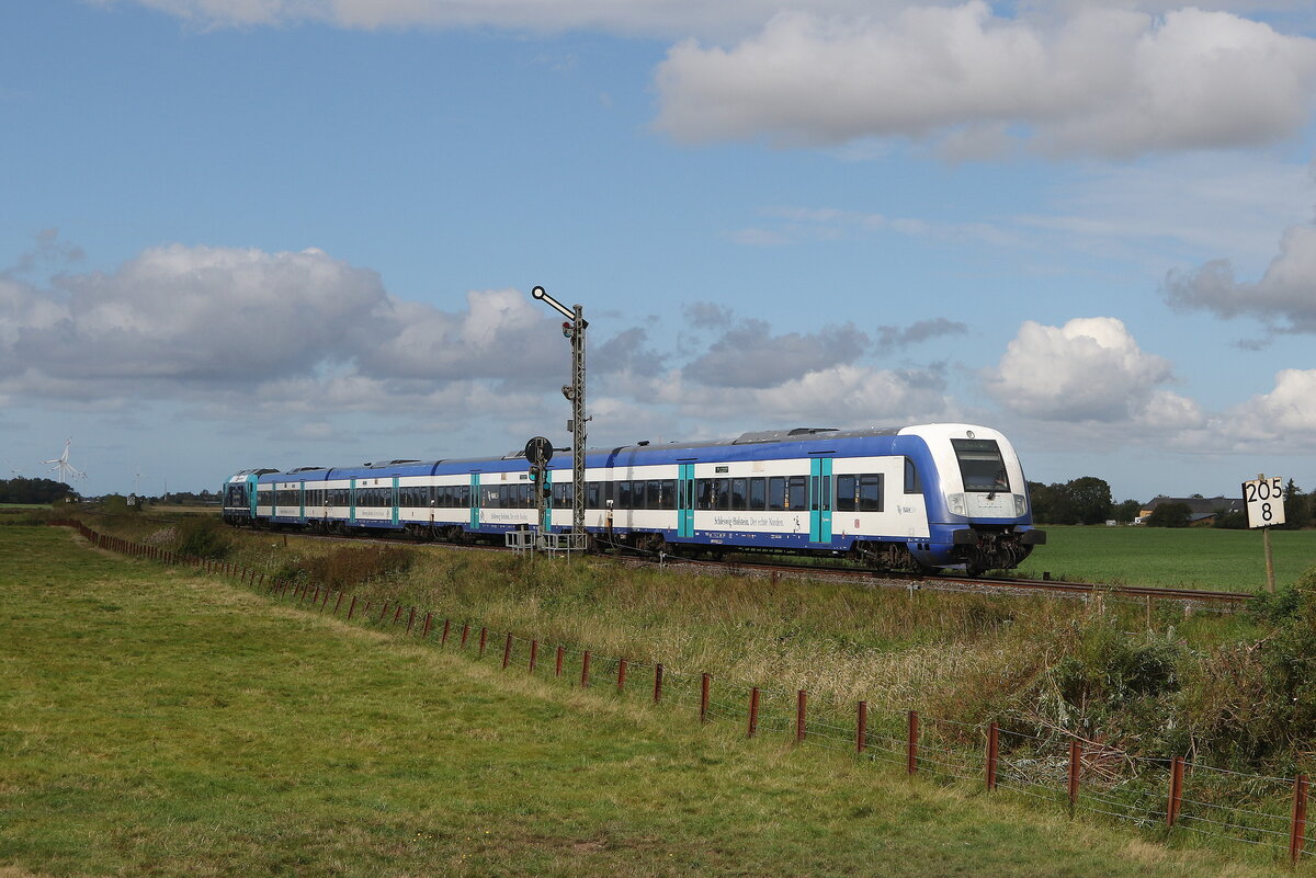 Nahverkehrszug aus Sylt kommend am 13. September 20223 bei Lehnshallig.