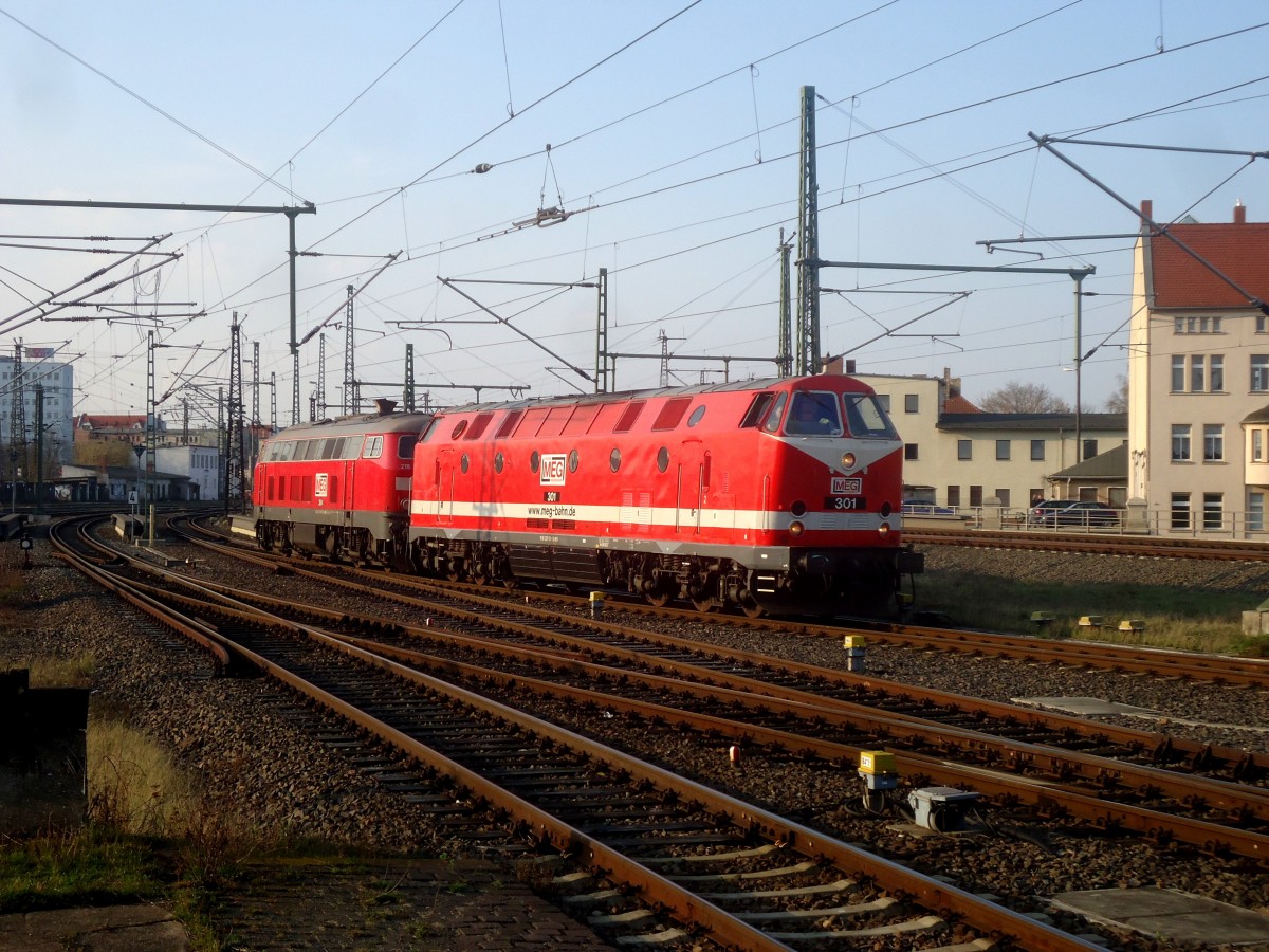 Reichsbahn trifft auf Bundesbahn in Form von MEG 301 (229 120-1) und MEG 304 (218 390-3). Fotografiert am 26.03.2014 im Halle.