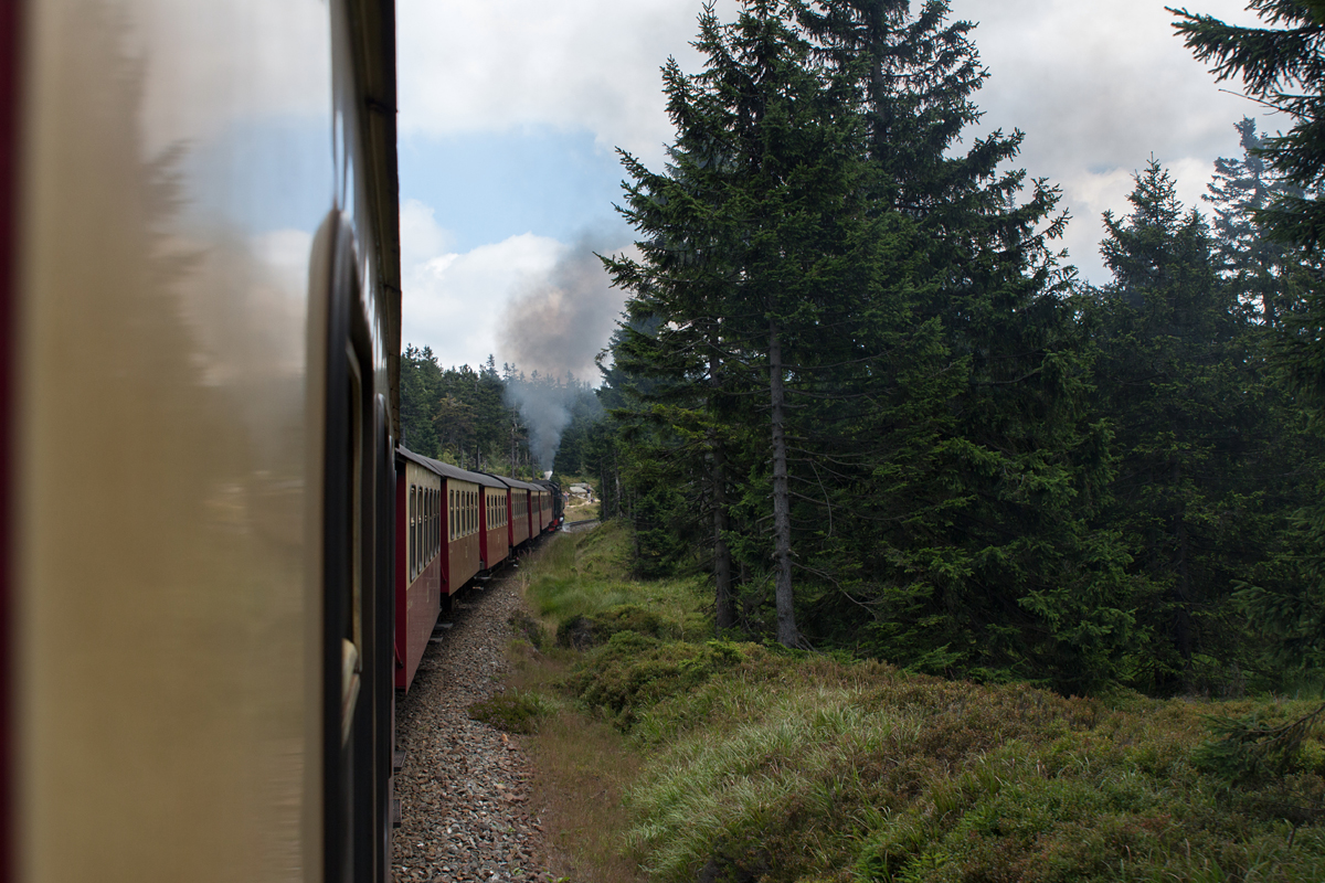 Unterwegs mit einem Dampfzug der Harzer Schmalspurbahnen, gezogen von 99 7237-3 zwischen Schierke und Brocken am 16.08.16.
