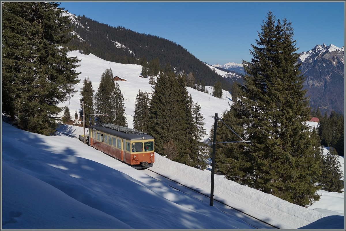 Zwischen Grütschalp und Winteregg: Der BLM Be 4/4 N° 21.9. März 2014