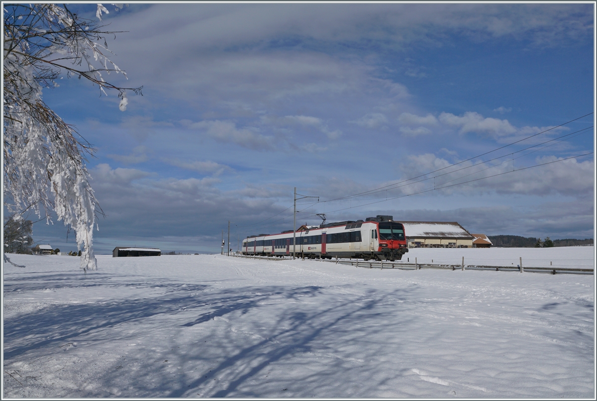 Zwischen Sales und Vaulruz konnte in einer herrlichen Winterlandschaft dieser SBB RBDe 560 Domino fotografiert werden. Der für die tpf fahrende Zug ist als RE 3818 von Bern nach Bulle unterwegs. 

23. Dezember 2021