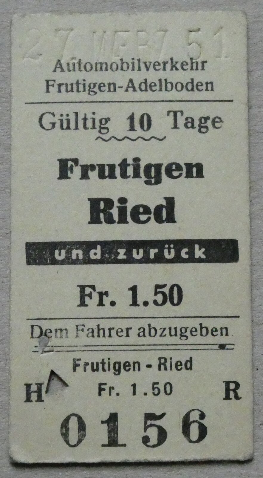 (281'575) - AFA-Einzelbillet vom 27. Mrz 1951 am 17. Oktober 2025 in Thun