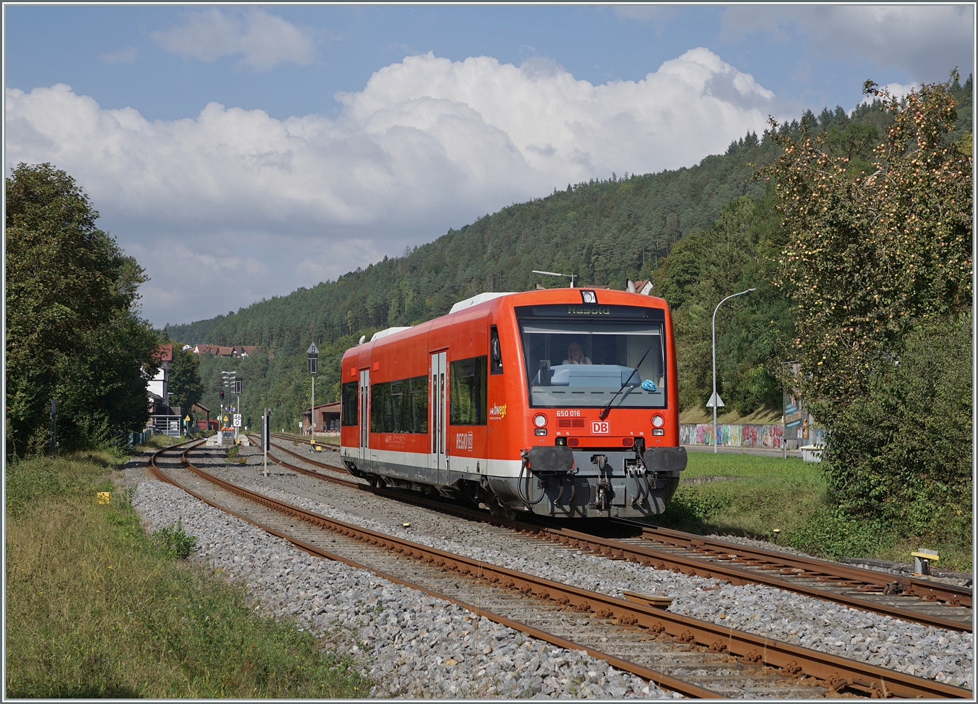 Der DB VT 650 016 verlässt den Bahnhof von Nagold in Richtung Nagold Stadt. 

18. Sept. 2024