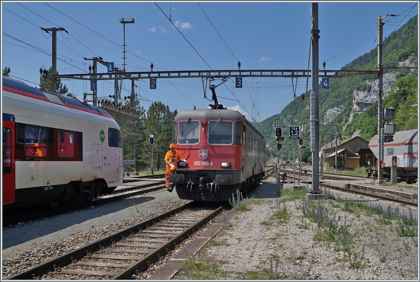 Die SBB Re 6/6 11688 (Re 620 088-5)  Linthal  rangiert im Grenzbahnhof Vallorbe für die Übernahme des Gegenzugs.

16. Juni 2022