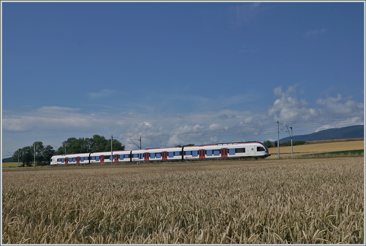 Ein SBB RABe 523 Flirt ist bei Arnex auf dem weg von Vallorbe nach Aigle. 

4. Juli 2022