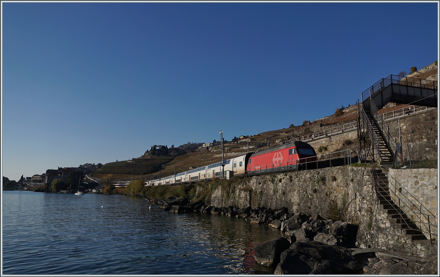 Eine SBB Re 460 ist mit einen IR 90 / IR 95 bei Rivaz auf dem Weg in Richtung Genève Aéroport. 
Links im Bild ist  meine  Fotostelle  festgehalten, die ich des örtern nutze und mir auch die nachkommenden Bilder diente. 

15. Nov. 2024