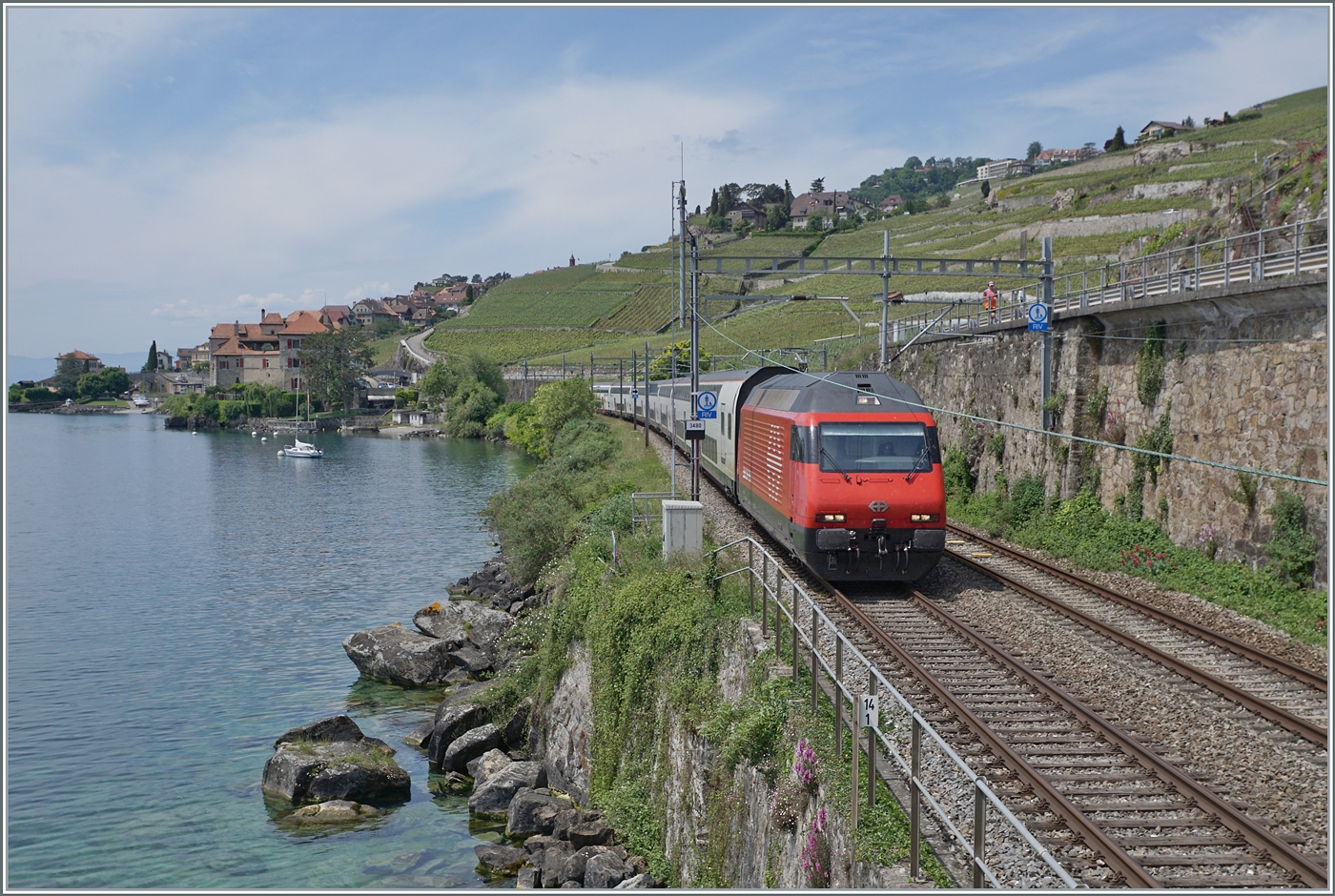 Mit einer SBB Re 460 an der Spitze fährt kurz nach Rivaz der SBB IR 95 1721 von Genève Aéroport nach Brig im Wechselbetrieb auf dem rechten Gleis in Richtung Vevey- 

19. Mai 2025