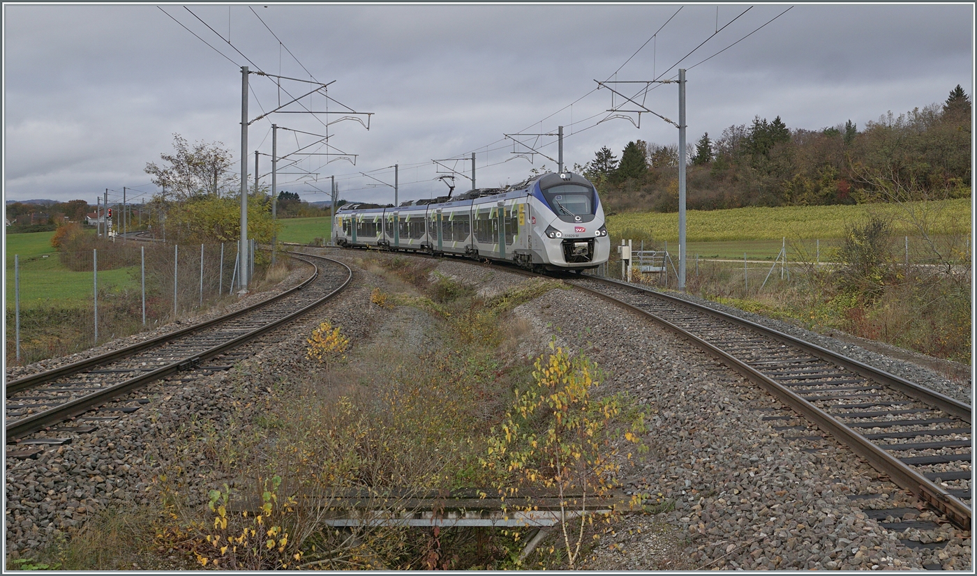 Nachdem der SBB RABe 522 204 als MOBIGO TER 18171 Meroux mit dem Ziel Biel/Bienne pünktlich um 10:03 verlassen hat, erreicht ebenfalls pünktlich um 10:10 der SNCF Coradia Polyvalent Régiolis 51629M als MOBOGO TER 895055 von Belfort mit schlanken Anschluss an den TGV 9877 nach Marseille St-Charles den Bahnhof von Meroux; für die Weiterfahrt nach Delle hingegen muss etwas gewartet werden, im Gegensatz zu den Reisenden ist dies für Bahnfotografen von Vorteil.

3. November 2025