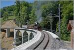 Die SEG G 2x2/2 105 der Blonay Chamby Bahn mit ihrem Dampfzug auf dem Weg von Blonay nach Chamby und fährt über den nun frisch sanierten Baye de Clarens Viaduktes. Der westliche Teil des Viaduktes wurde neu erstellt und wird in Zukunft den  ...