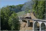Die SEG G 2x2/2 105 der Blonay Chamby Bahn mit ihrem Dampfzug auf dem Weg von Blonay nach Chamby und erreicht den frisch sanierten Baye de Clarens Viaduktes. Der westliche Teil (gleich unter der Lok) des Viaduktes wurde neu erstellt und wird in Zukun ...