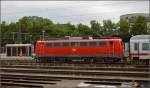 Die 56 Jahre alte 115 114-4 wartet in Singen auf den IC Zürich-Stuttgart.