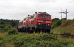 218 344-0 und 218 341-6 fahren am 13.7.10 mit dem Syltshuttle nach Niebll durch die Morsumer Fotokurve hindurch gen Festland.