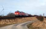 218 371-3 und 218 362-2 fahren am 13.3.10 mit dem Syltshuttle nach Niebll bei Klanxbll durch die Landschaft.