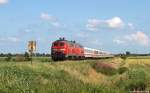 218 397-8 und 218 385-3 dieseln am 11.7.11 mit dem IC 2310 nach Westerland (Sylt) bei Niebll durch die Landschaft.