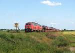218 340-8 und 218 319-2 dieseln am 7.7.11 mit dem AS 1442 nach Westerland (Sylt) bei Niebll durch die grnen Felder und Wiesen.