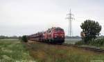 218 484-4 und 218 381-2 dieseln am 3.7.11 mit dem Syltshuttle nach Westerland (Sylt) bei Niebll durch die Landschaft.
