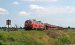 Am sonnigen 7.7.11 dieseln 218 380-4 und 218 344-0 mit einem Syltshuttle zur Insel Sylt kurz hinter Niebll durch die Landschaft und streben weiter auf die Nordseeinsel zu.