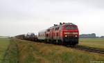 218 362-2 und 218 307-7 dieseln am 3.7.11 mit dem Syltshuttle nach Niebll bei Lehnshallig durch die Felder.