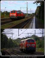 DB Fernverkehr 1 218 372-1 und 380-4 als LZF 87125(Flensburg-Hamburg Hbf)waren die Zugloks des CNL 1272 und rumpeln hier auf ihrem Rückweg nach Hamburg durch Schleswig. 21.09.2014