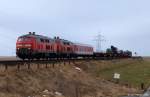Mit dem Syltshuttle nach Niebll fahren 218 363-0 und 218 319-2 am 13.3.10 gerade auf der Festlandseite vom Hindenburgdamm herunter und streben weiter nach Niebll.