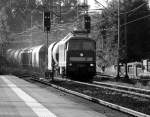 Wegen dem Gegenlicht mal in s-w...1232 280-8 mit dem EZ 47417 dieselt hier durch Schleswig. 16.07.2015(1092)