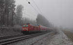 Raureif und Nebel bestimmten am Morgen des 31.12.16 das Bild in Poing, währenddessen 245 010-4 mit ihrem Doppelstockzug von München nach Mühldorf unterwegs war.