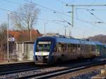 NOB´s VT 309 fhrt am 28.1.11 mit grenden Tf aus dem Schleswiger Bhf. Richtung Kiel ab.