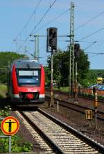 Wegen der seltenen Signalstellung(es wird so nicht oft benutzt)nochmal die Ausfahrt des 648 344/844 nach Flensburg aufgenommen im Bhf Schleswig. 27.05.12