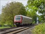 Traktionswandel am Hochrhein, der einzigen  Schweizer Dieselstrecke , die Schaffhausen mit Basel verbindet, sowie auch Rheinfelden AG, Stein-S�ckingen.

Der etwas verbeulte 611 024 am Bahn�bergang der B 34 beim Markhof nahe des Bahn�bergangs zur B 34. April 2018. 