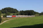 1011 057 und 101 069 waren am 19. August 2025 mit dem  IC Knigssee  bei Vachendorf im Chiemgau in Richtung Mnchen unterwegs.