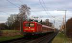 Mit der RB nach Hamburg Hbf. fuhr 112 145-8 am 2.1.14 in den Haltepunkt Kupfermühle ein. Der Zug wurde ausserplanmäßig aus N-Wagen gebildet, da wohl nicht genügend Dostos zur Verfügung standen.