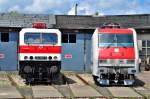 Zwei wegweisende Loks!!Die in die Farbgebeung der 212 001/243 001 umlackierte ehemalige Hallenser 143 117 sowie die 128 001.Beide stehen einträchtig am 24.05.2014 im Bw Weimar.