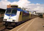 146 535-0  Rizzi  fhrt am 28.8.10 mit winkendem Tf und dem ME nach Uelzen aus dem Bhf. Hamburg-Harburg ab.