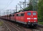 151 109-6 und 151 116-1 zogen am 14.5.10 einen leeren Erzbomber-Park durch den Harburger Bahnhof in Richtung Hamburger Hafen.