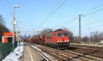 Mit einem gemischten Gz fuhr 155 086-2 am 16.3.13 durch den Bf. Saarmund.