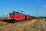 155 131 mit einem Dngerzug aus Poppendorf kurz vor der Einfahrt in Bhf Bentwisch.Das Bild entstand am 24.09.2009.