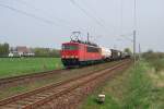 Mit dem FZT 53202 aus Mukran rollt 155 199 am 29.04.2010 durch Bentwisch.Das Ziel der Fahrt ist fast erreicht:Rostock-Seehafen!!!