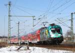 182 013 fuhr am 16.3.13 mit dem RE1 nach Frankfurt (Oder) in den Bf. Erkner ein.
