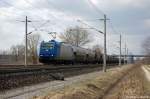 185 523-8 Arcelor-Mittal mit Steinkohlenstaub Kesselzug zwischen Growudicke und Rathenow in Richtung Rathenow unterwegs. 28.03.2011