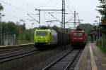 185 534-5 Alphatrains/CFL Cargo hat hier einen Black-Box Ganzzug am Haken und 112 145-8 fhlt sich gentigt eine RB nach Flensburg zu schieben. 02.09.2013