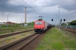 185 589-9 Macquarie Europesold to Rail für RheinCargo GmbH mit einem Kesselzug  Erdöldestillate oder Erdölprodukte  in Rathenow und fuhr in Richtung Wustermark weiter. 09.05.2014 