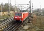 189 017 mit umgeleiteten Containerzug der Strecke Dresden - Berlin in Falkenberg/Elster, 07.03.2014.