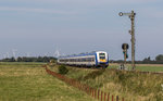 245 027 war am 31. August 2016 bei Lehnshallig auf dem Weg nach Westerland.