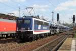 Am 11 April 2014 durchfahrt National ExPRESS 110 043 der Bahnhof Pirna.
