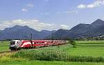 1116 249  175 Jahre Eisenbahn in Österreich  rauschte als Railjet 564 nach Lindau Hbf durch Bernau am Chiemsee am 8.7.12.