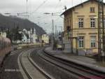 Der Bahnhof von Kamp-Bornhofen aus der RegionalBahn nach Koblenz Hbf aufgenommen   Blickrichtung Wiesbaden
