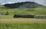 150 Jahre Emmentalbahn. 

141-R-1244 auf der RSHB-Strecke im Rahmen der grossen Emmentalrundfahrt zum Jubiläum. Ordentlich randalierend verlässt der Zug Grünenmatt, Mai 2025.