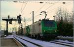Die SNCF BB 27043 und eine weitere BB 27000 erreichen mit dem (leeren)  Spaghetti-Zug  (Getreidezug Frankreich - Italien via Simplon) den Bahnhof von Frasne.