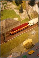 Aufsicht vom Wanderweg auf die Strecke: CFL 1601 mit einem Güterzug auf meiner mini club Anlage.